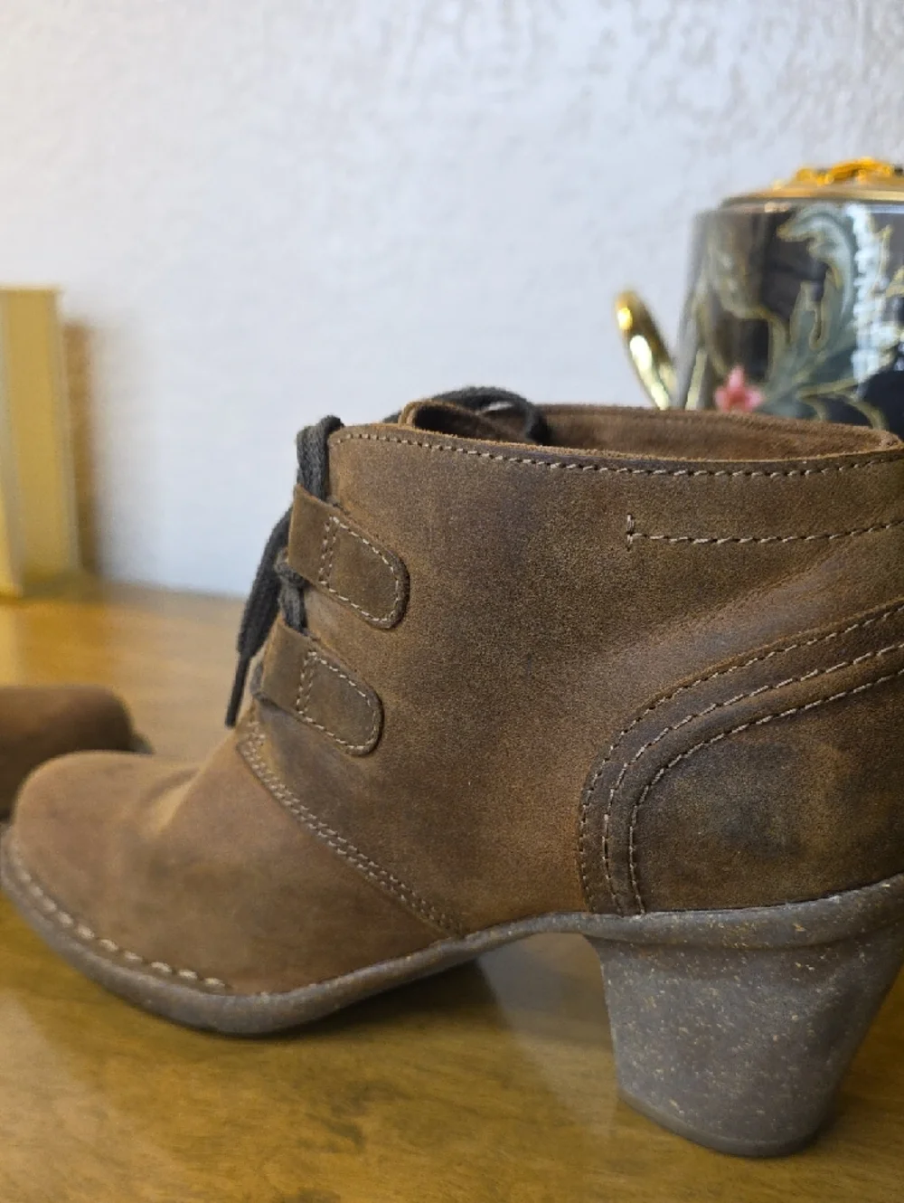 Clarks Brown Suede Lace-Up Ankle Booties with Stacked Heel